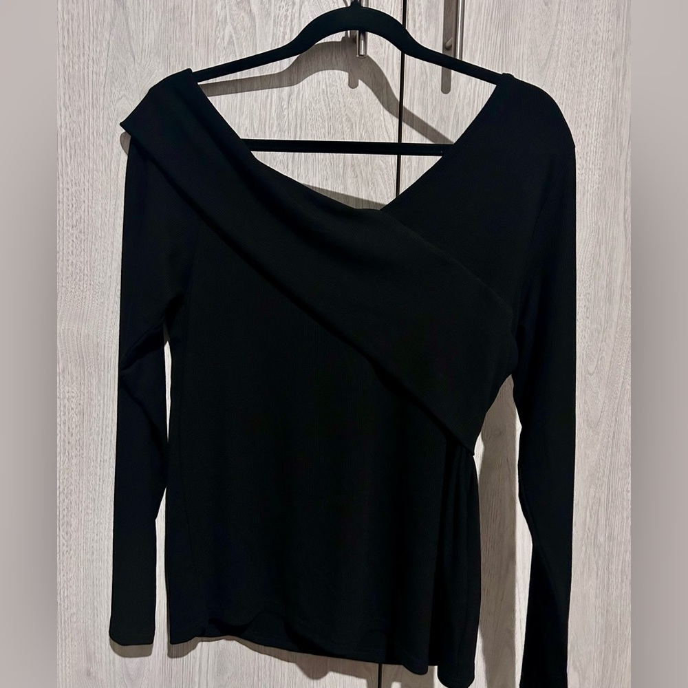 Women's Off The Shoulder Long Sleeve Cross Wrap Ribbed Knit Blouse Black XL - Picture 2 of 5